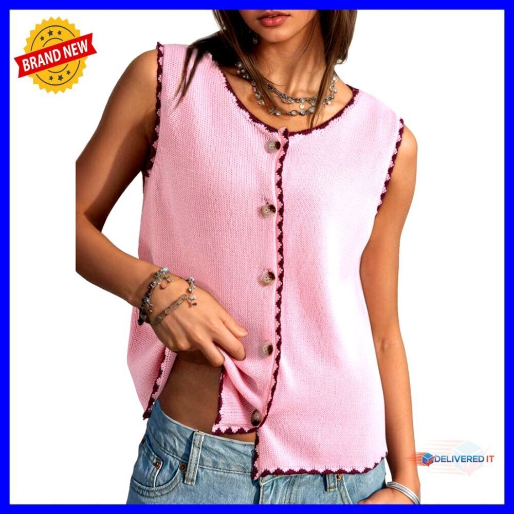 Button Up Color Block Sweater Vest Chic Casual Sleeveless Top Y2K Trendy